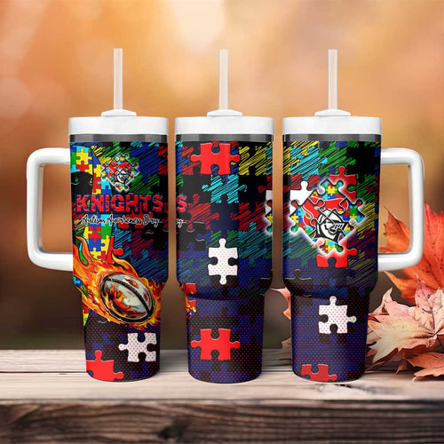 Knights Autism Awareness Tumbler With Handle Puzzle Flames Rugby Ball