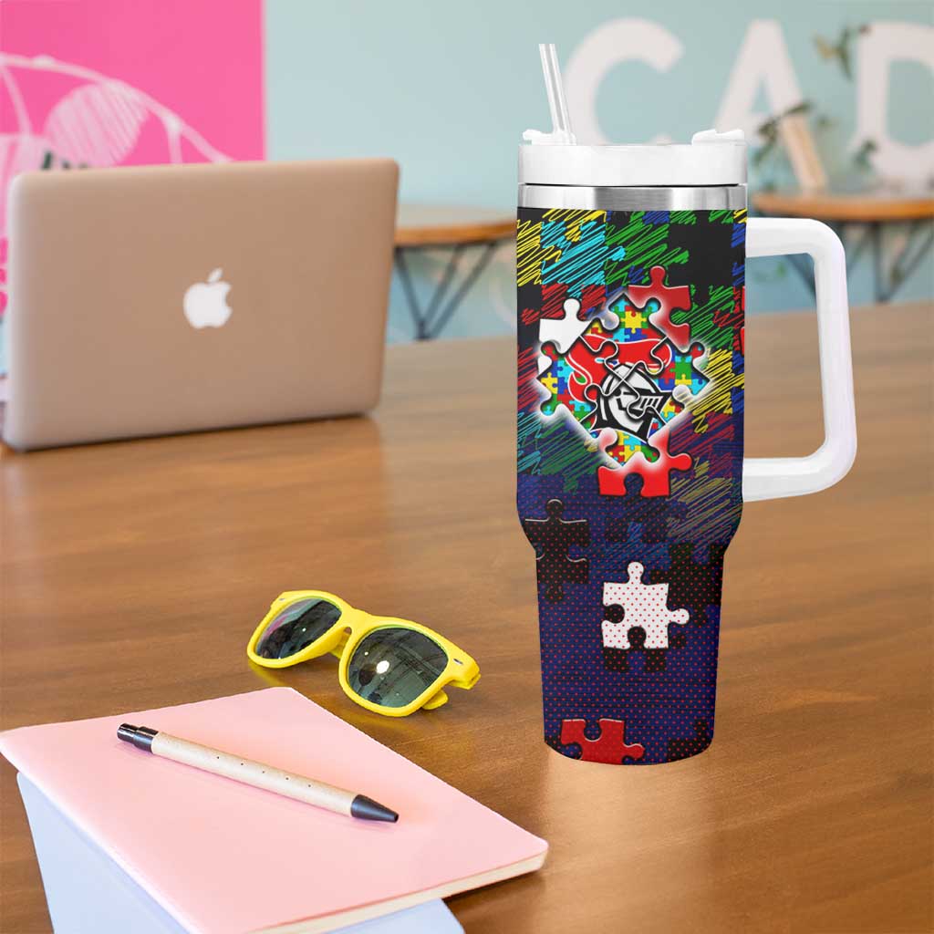 Knights Autism Awareness Tumbler With Handle Puzzle Flames Rugby Ball