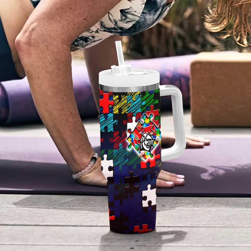Knights Autism Awareness Tumbler With Handle Puzzle Flames Rugby Ball