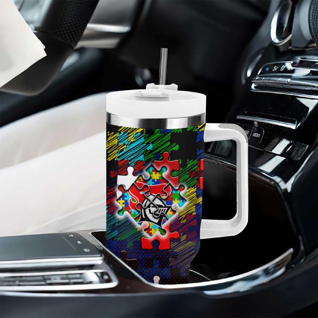 Knights Autism Awareness Tumbler With Handle Puzzle Flames Rugby Ball