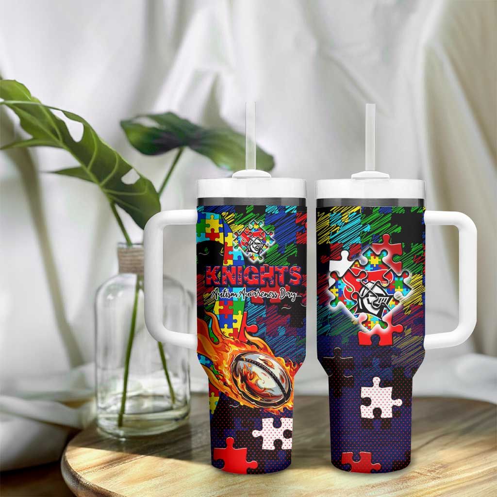 Knights Autism Awareness Tumbler With Handle Puzzle Flames Rugby Ball