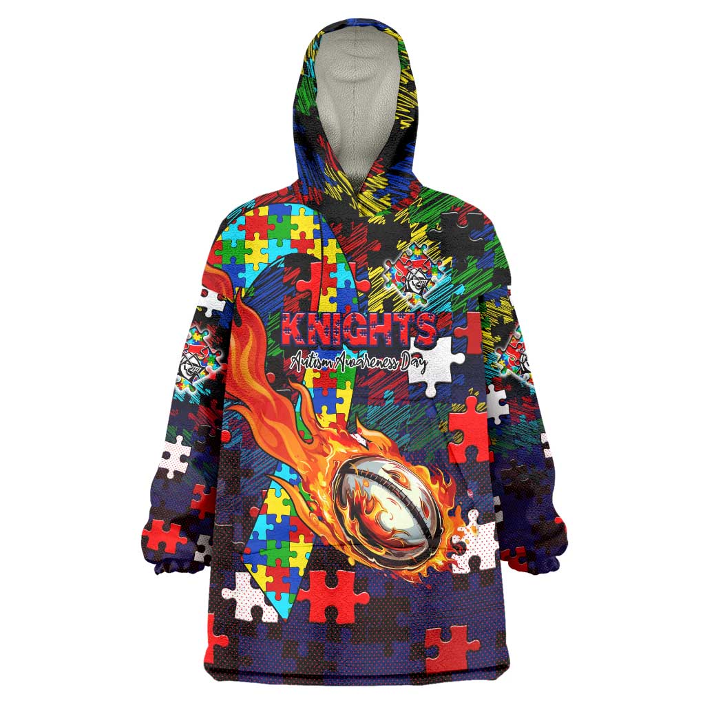 Knights Autism Awareness Wearable Blanket Hoodie Puzzle Flames Rugby Ball