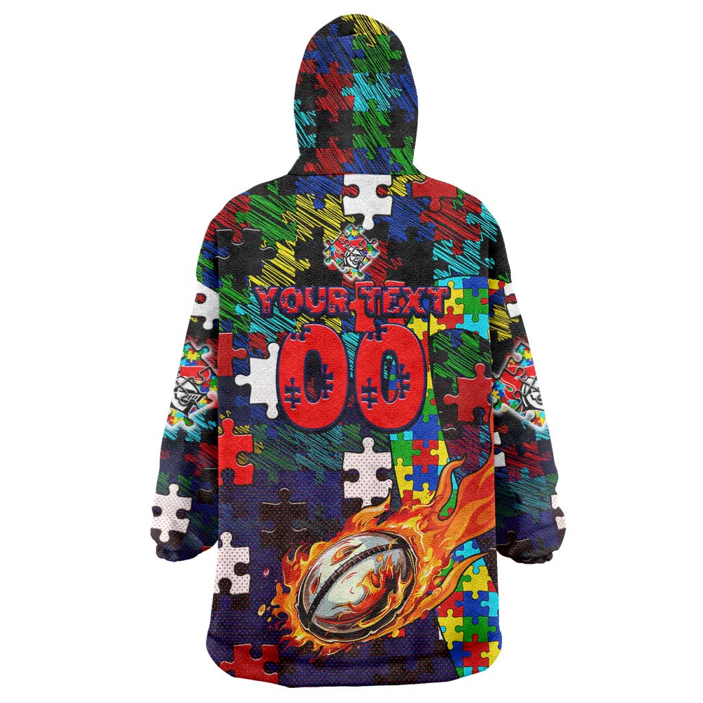 Knights Autism Awareness Wearable Blanket Hoodie Puzzle Flames Rugby Ball