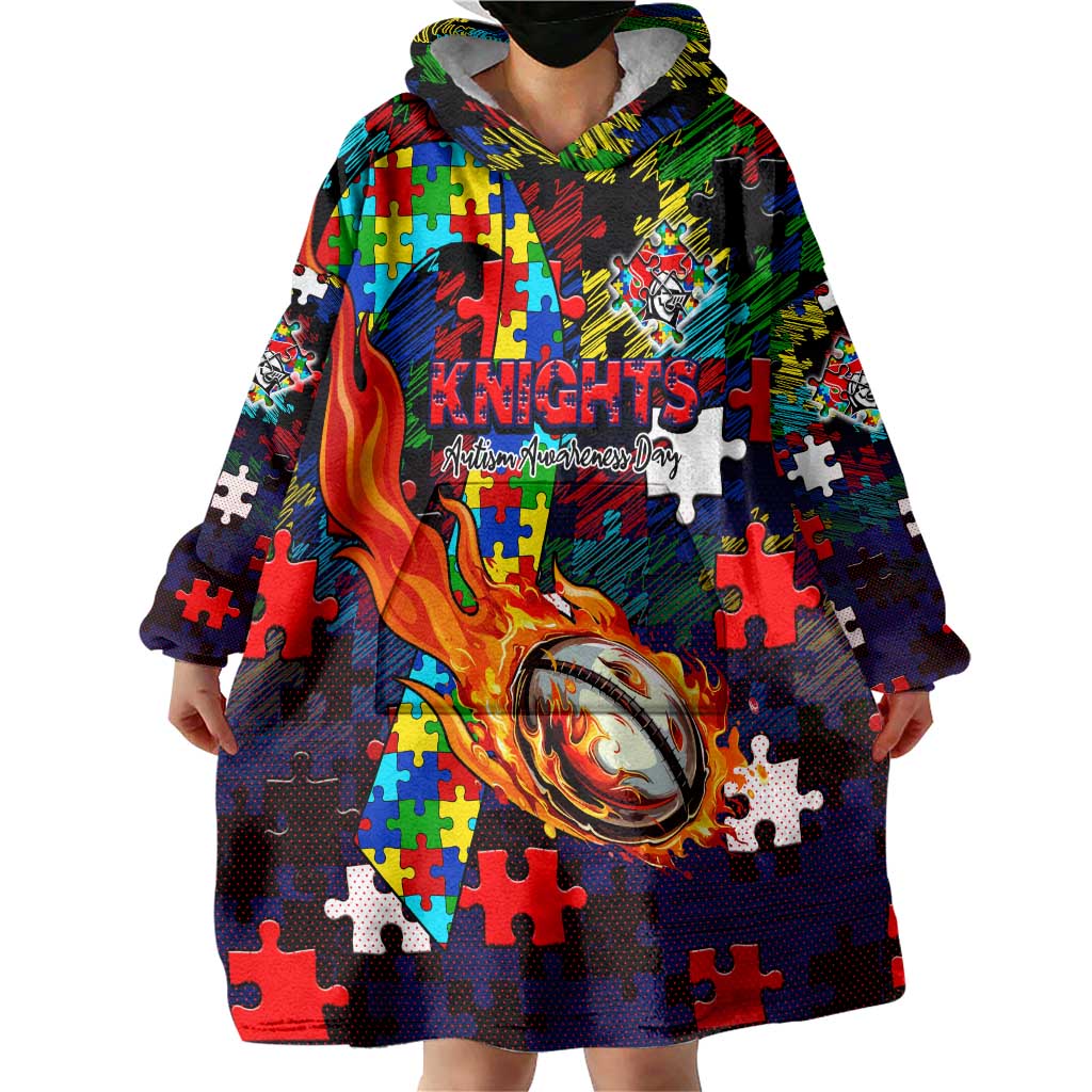 Knights Autism Awareness Wearable Blanket Hoodie Puzzle Flames Rugby Ball