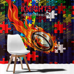 Knights Autism Awareness Window Curtain Puzzle Flames Rugby Ball