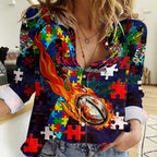 Knights Autism Awareness Women Casual Shirt Puzzle Flames Rugby Ball
