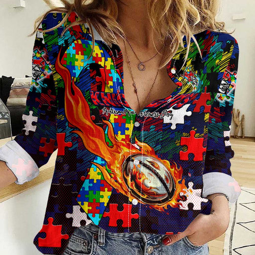 Knights Autism Awareness Women Casual Shirt Puzzle Flames Rugby Ball