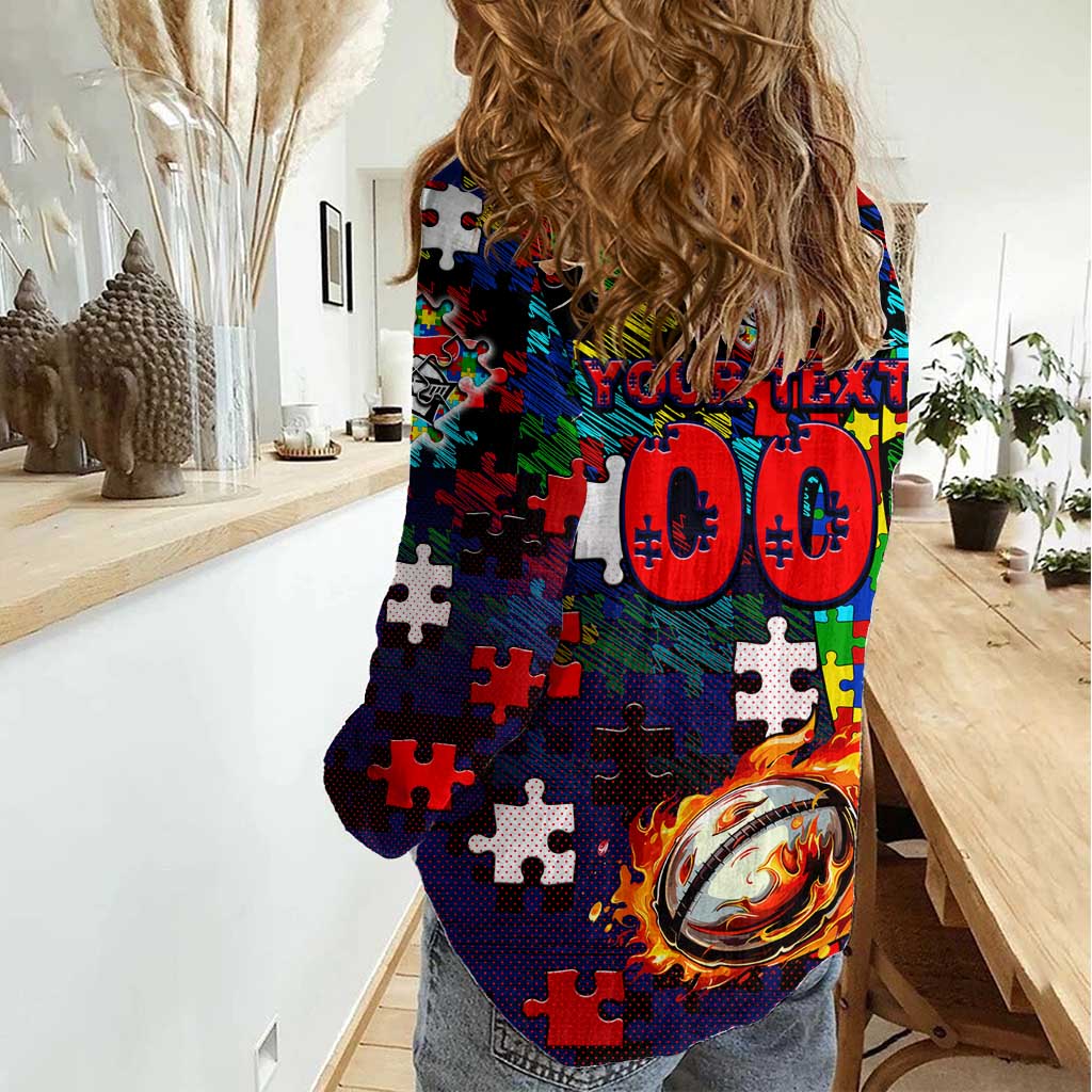 Knights Autism Awareness Women Casual Shirt Puzzle Flames Rugby Ball