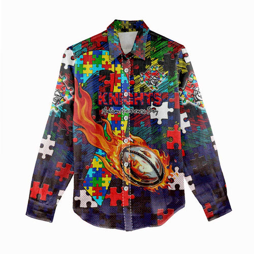 Knights Autism Awareness Women Casual Shirt Puzzle Flames Rugby Ball