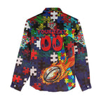 Knights Autism Awareness Women Casual Shirt Puzzle Flames Rugby Ball