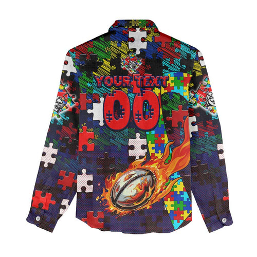 Knights Autism Awareness Women Casual Shirt Puzzle Flames Rugby Ball