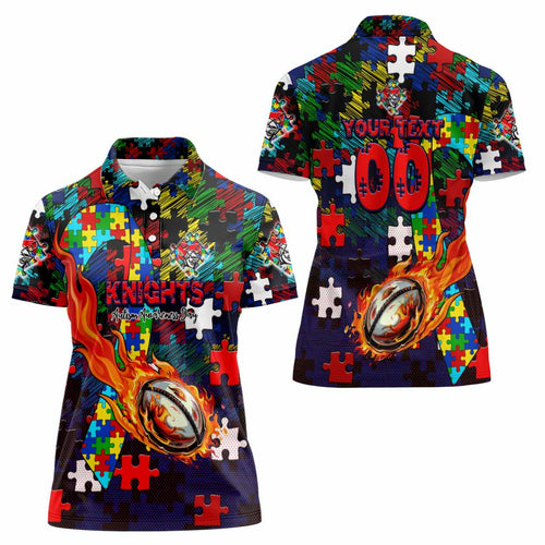 Knights Autism Awareness Women Polo Shirt Puzzle Flames Rugby Ball