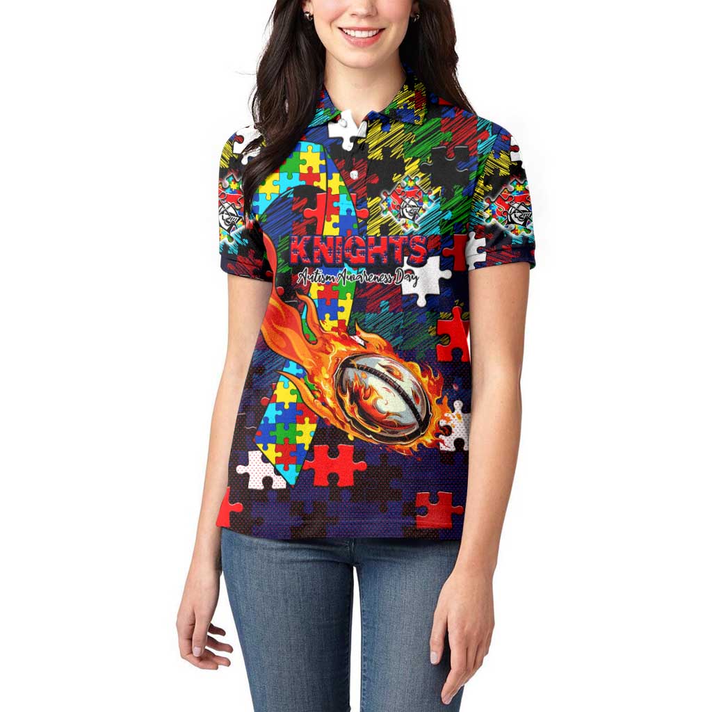 Knights Autism Awareness Women Polo Shirt Puzzle Flames Rugby Ball