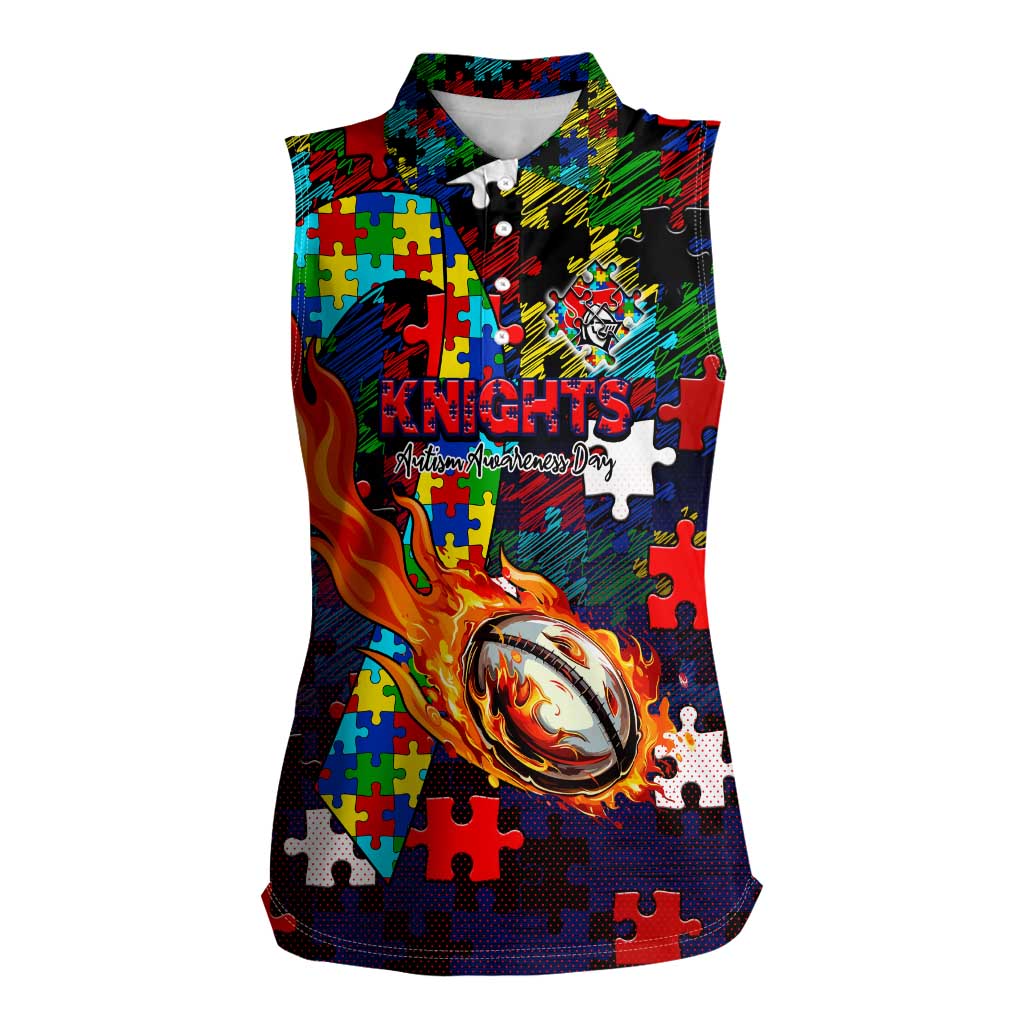 Knights Autism Awareness Women Sleeveless Polo Shirt Puzzle Flames Rugby Ball