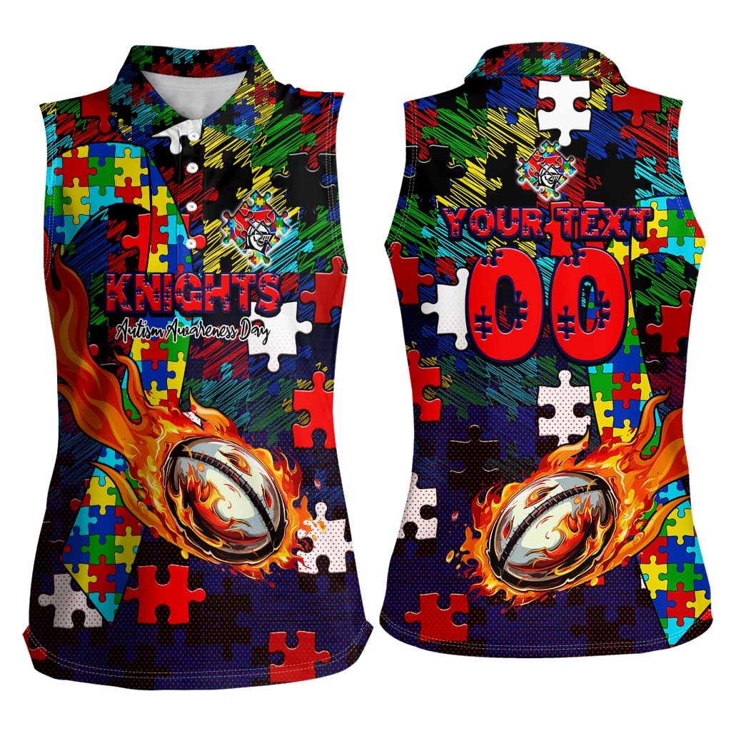 Knights Autism Awareness Women Sleeveless Polo Shirt Puzzle Flames Rugby Ball