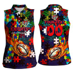 Knights Autism Awareness Women Sleeveless Polo Shirt Puzzle Flames Rugby Ball