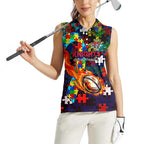Knights Autism Awareness Women Sleeveless Polo Shirt Puzzle Flames Rugby Ball