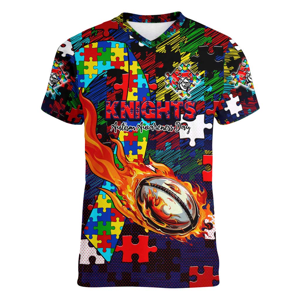 Knights Autism Awareness Women V-Neck T-Shirt Puzzle Flames Rugby Ball