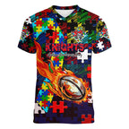 Knights Autism Awareness Women V-Neck T-Shirt Puzzle Flames Rugby Ball