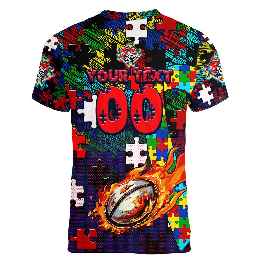 Knights Autism Awareness Women V-Neck T-Shirt Puzzle Flames Rugby Ball