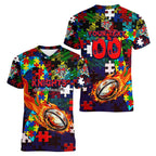 Knights Autism Awareness Women V-Neck T-Shirt Puzzle Flames Rugby Ball