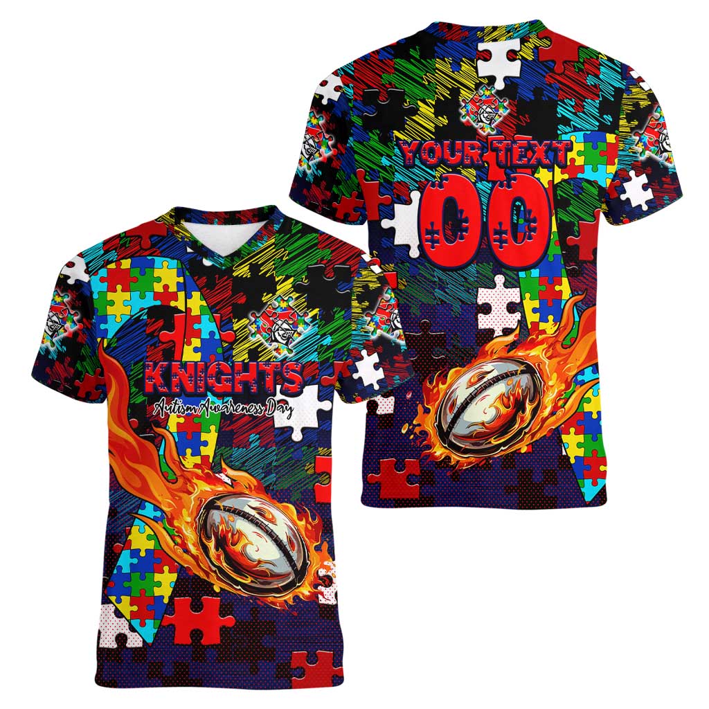 Knights Autism Awareness Women V-Neck T-Shirt Puzzle Flames Rugby Ball