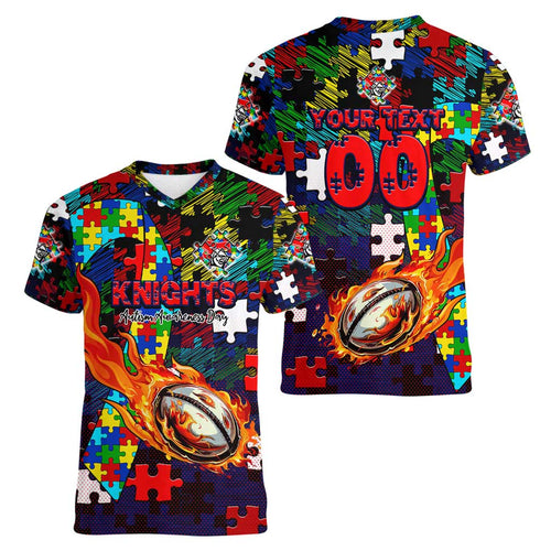 Knights Autism Awareness Women V-Neck T-Shirt Puzzle Flames Rugby Ball