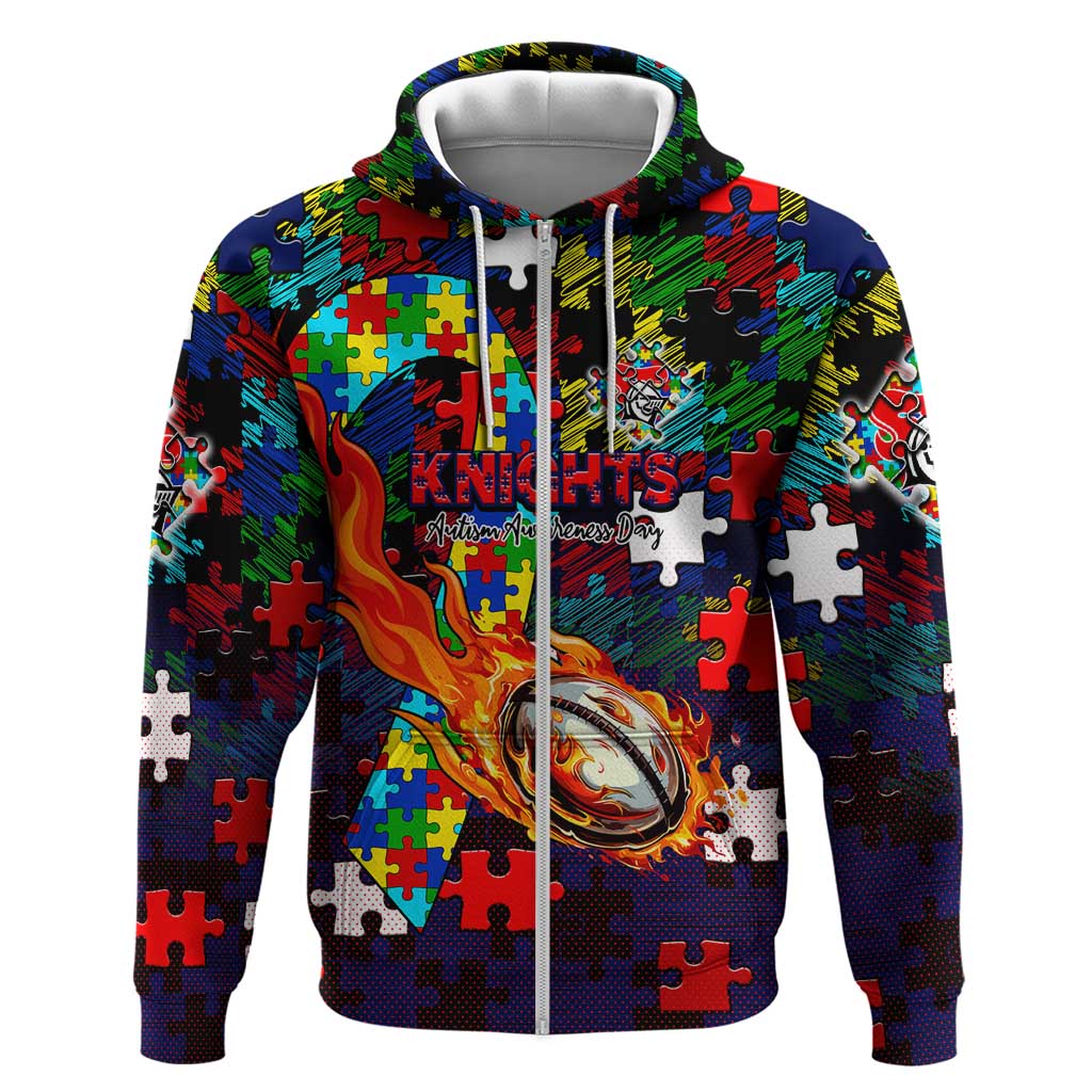 Knights Autism Awareness Zip Hoodie Puzzle Flames Rugby Ball