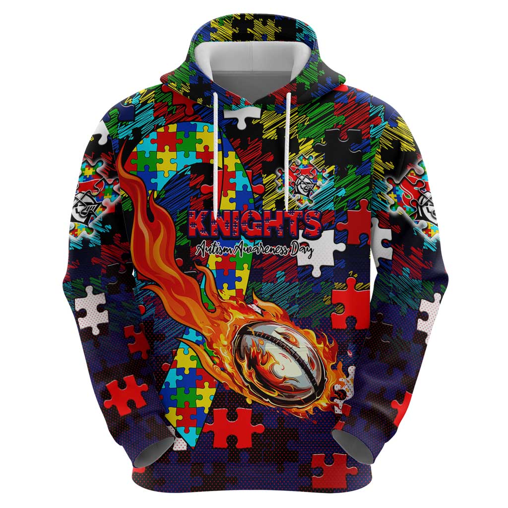 Knights Autism Awareness Zip Hoodie Puzzle Flames Rugby Ball