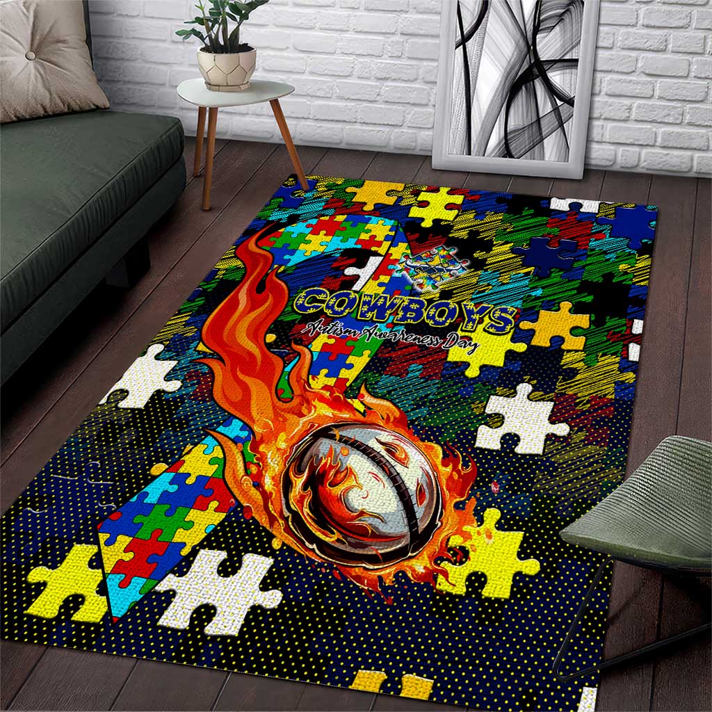 Cowboys Autism Awareness Area Rug Puzzle Flames Rugby Ball
