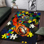 Cowboys Autism Awareness Area Rug Puzzle Flames Rugby Ball