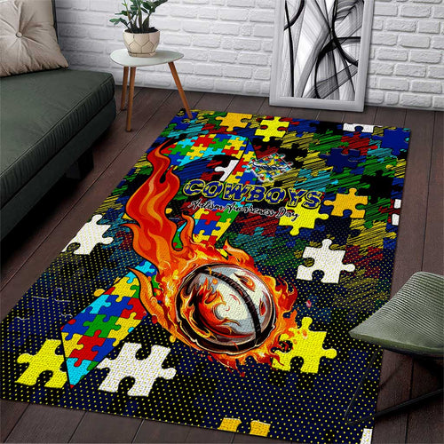 Cowboys Autism Awareness Area Rug Puzzle Flames Rugby Ball