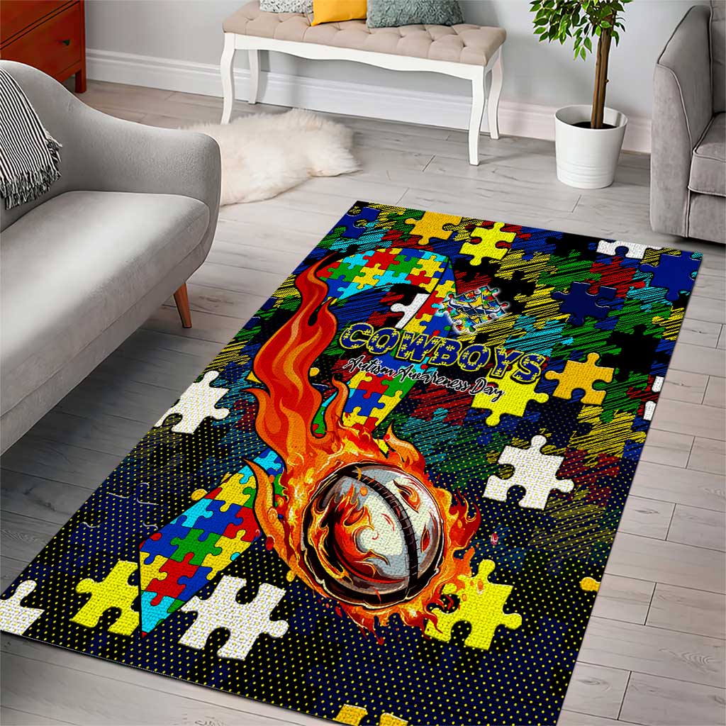 Cowboys Autism Awareness Area Rug Puzzle Flames Rugby Ball