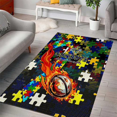 Cowboys Autism Awareness Area Rug Puzzle Flames Rugby Ball