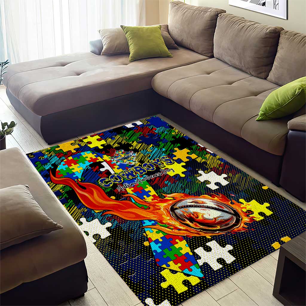Cowboys Autism Awareness Area Rug Puzzle Flames Rugby Ball