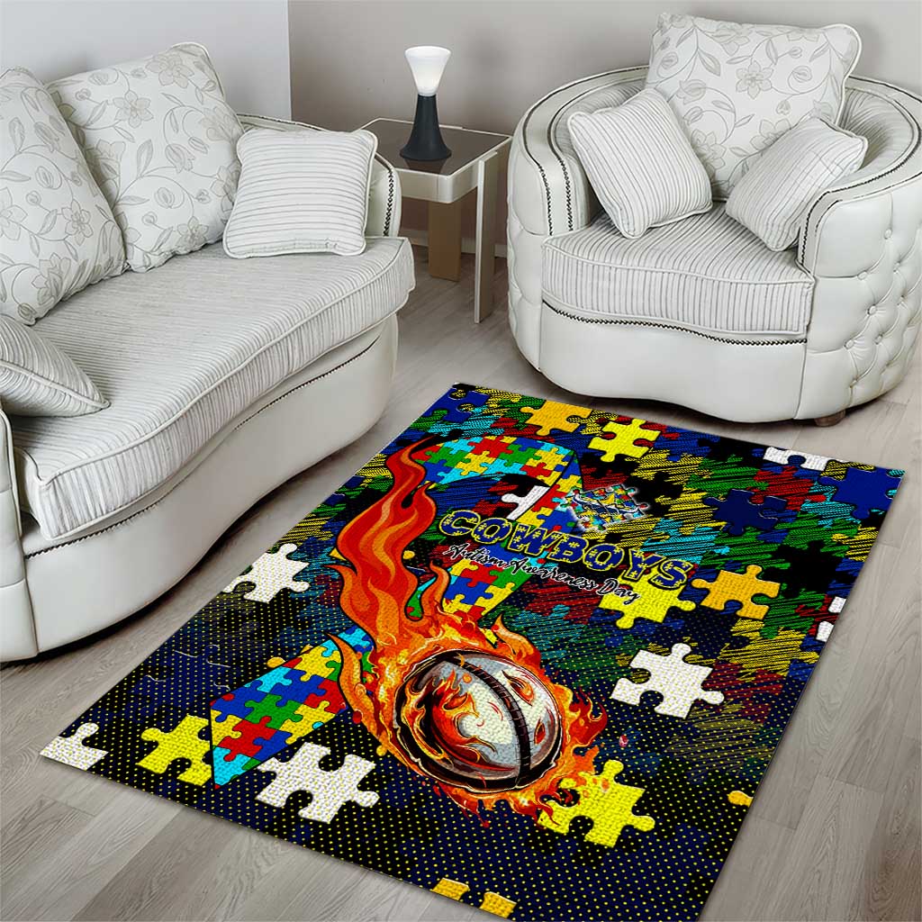 Cowboys Autism Awareness Area Rug Puzzle Flames Rugby Ball