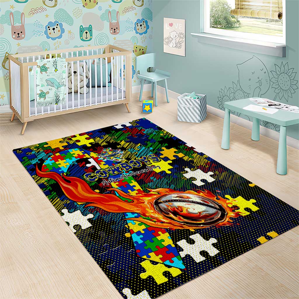 Cowboys Autism Awareness Area Rug Puzzle Flames Rugby Ball