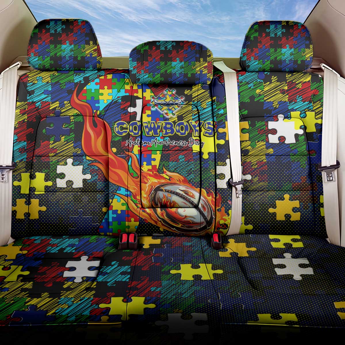 Cowboys Autism Awareness Back Car Seat Cover Puzzle Flames Rugby Ball