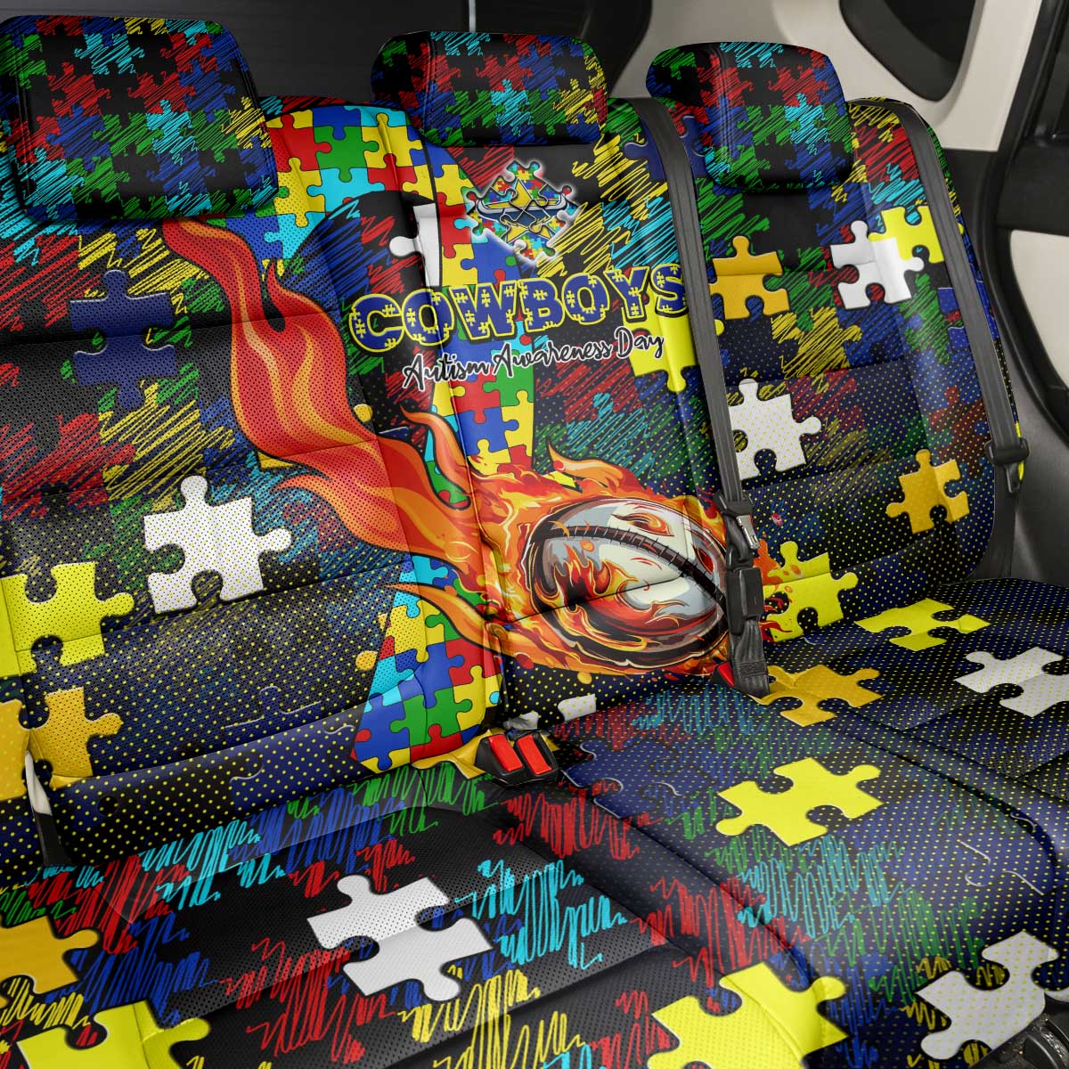 Cowboys Autism Awareness Back Car Seat Cover Puzzle Flames Rugby Ball