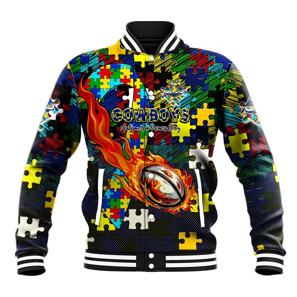 Cowboys Autism Awareness Baseball Jacket Puzzle Flames Rugby Ball