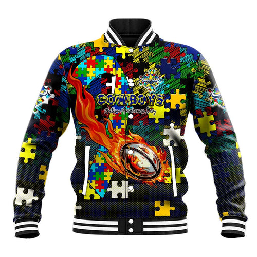 Cowboys Autism Awareness Baseball Jacket Puzzle Flames Rugby Ball