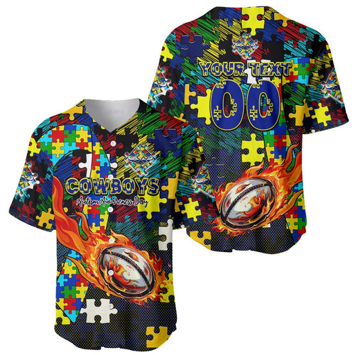 Cowboys Autism Awareness Baseball Jersey Puzzle Flames Rugby Ball
