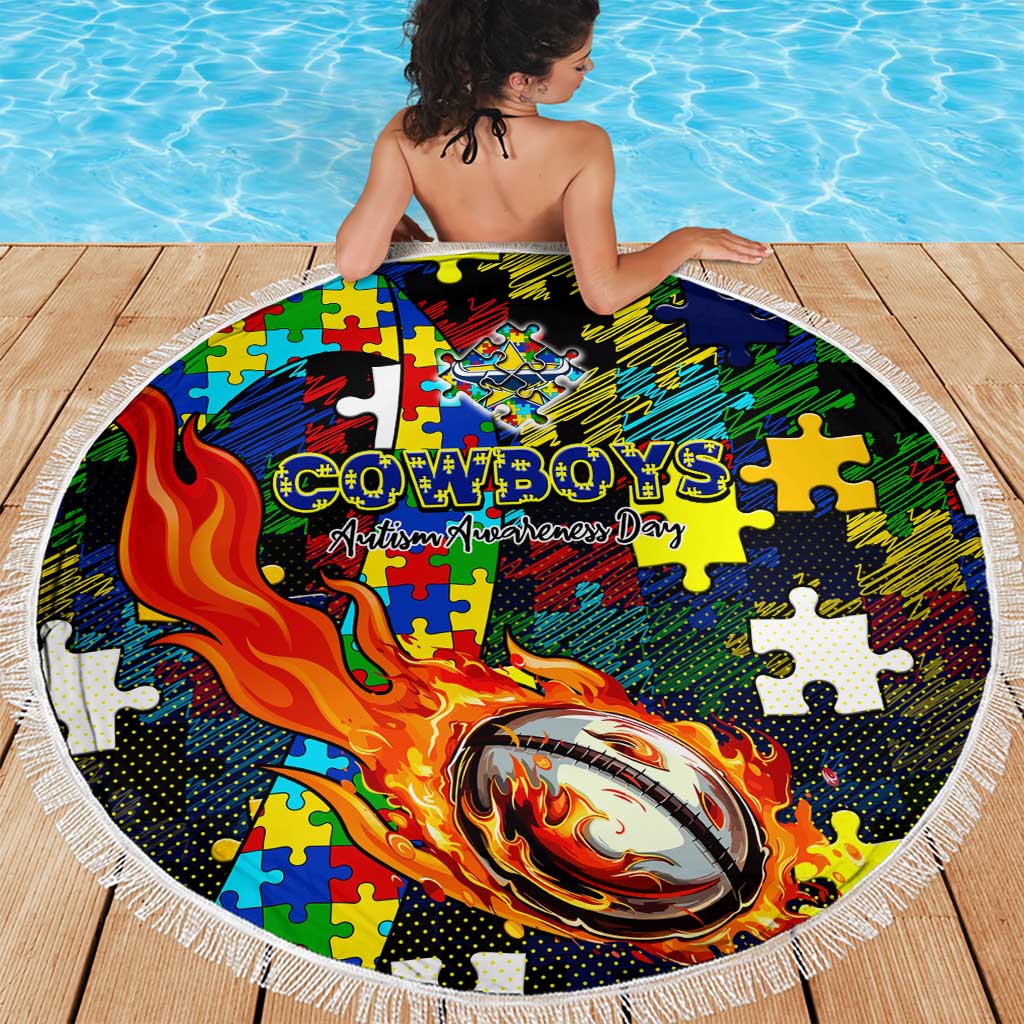 Cowboys Autism Awareness Beach Blanket Puzzle Flames Rugby Ball