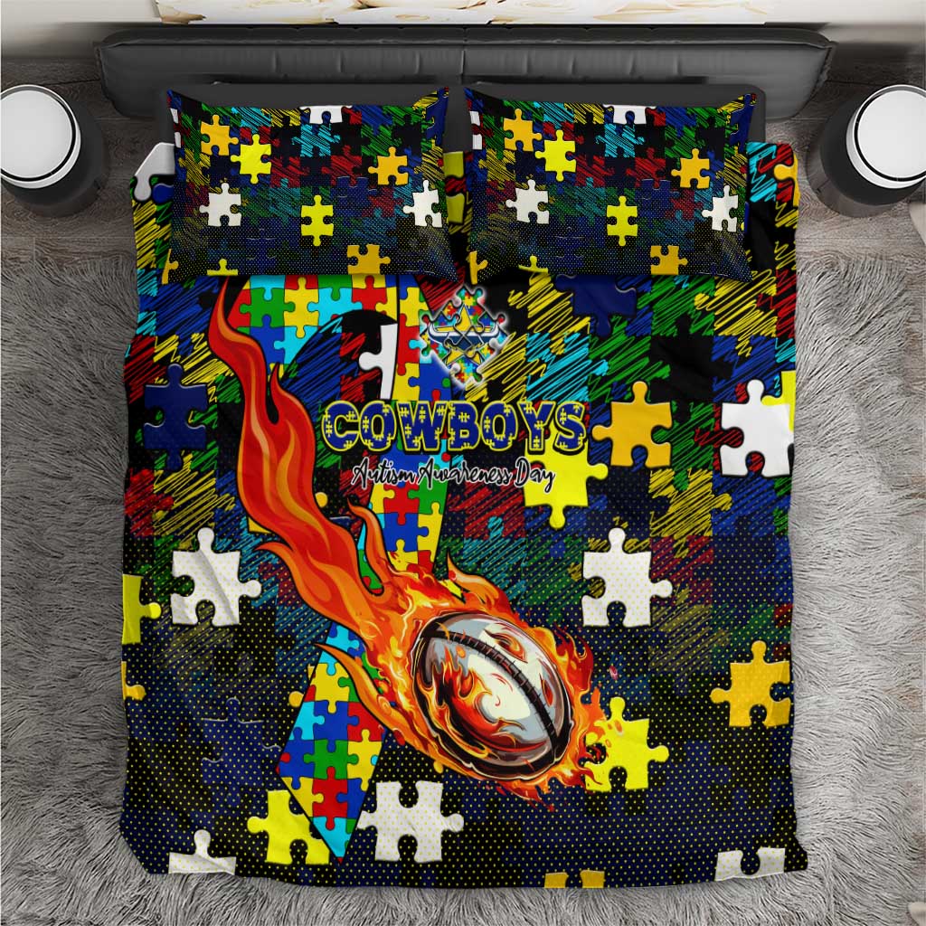 Cowboys Autism Awareness Bedding Set Puzzle Flames Rugby Ball
