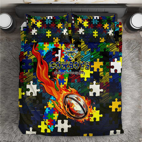 Cowboys Autism Awareness Bedding Set Puzzle Flames Rugby Ball