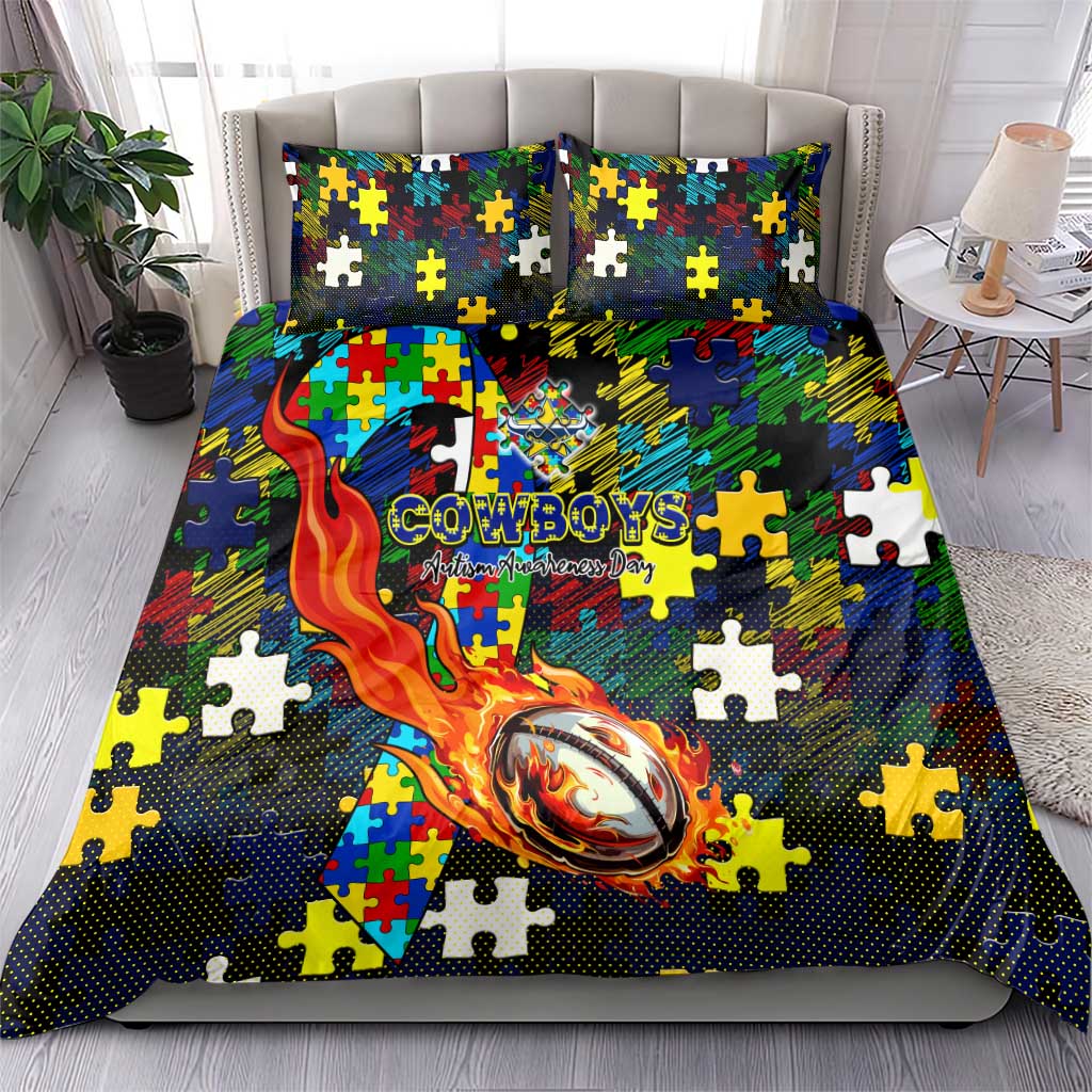 Cowboys Autism Awareness Bedding Set Puzzle Flames Rugby Ball