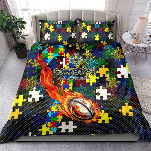 Cowboys Autism Awareness Bedding Set Puzzle Flames Rugby Ball