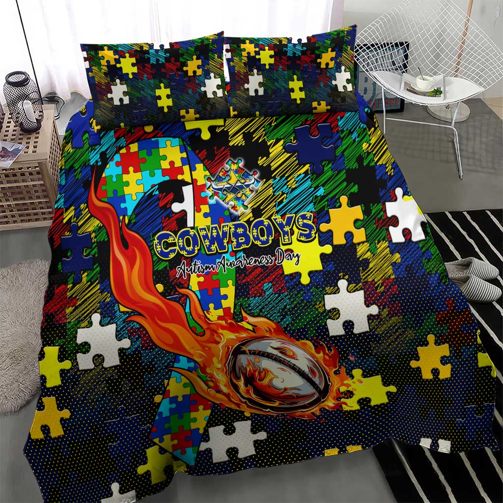 Cowboys Autism Awareness Bedding Set Puzzle Flames Rugby Ball