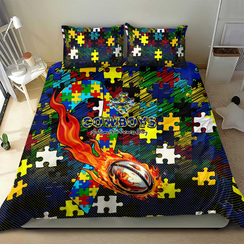 Cowboys Autism Awareness Bedding Set Puzzle Flames Rugby Ball