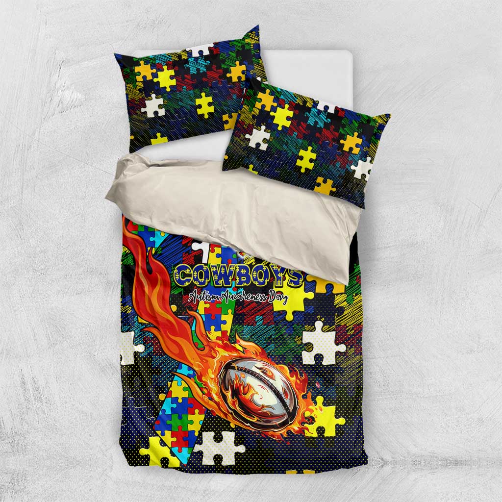 Cowboys Autism Awareness Bedding Set Puzzle Flames Rugby Ball